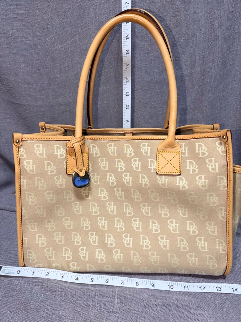 Dooney & Bourke Beige Monogram Tote with Tan Leather Trim